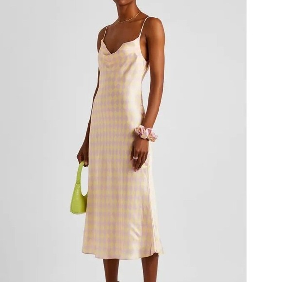 Olivia Rubin Silk Aubrey Harlequin Diamond Satin Slip Midi Dress Pink Yellow 0 - Picture 2 of 7